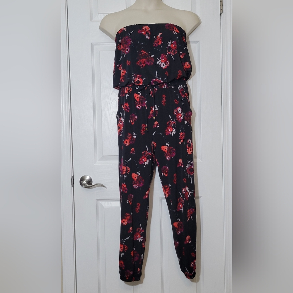 Guess Black Floral Strapless Jumpsuit Size M Medium